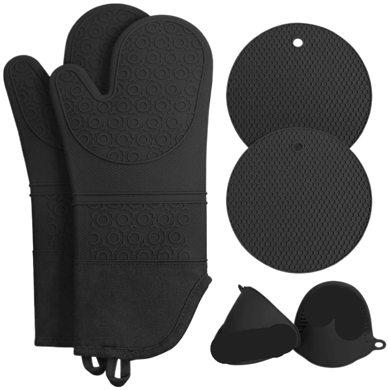 Extra Long Oven Mitts And Pot Holders Sets Heat Resistant Silicone Cooking Gloves Hot Pads Potholders(Black)