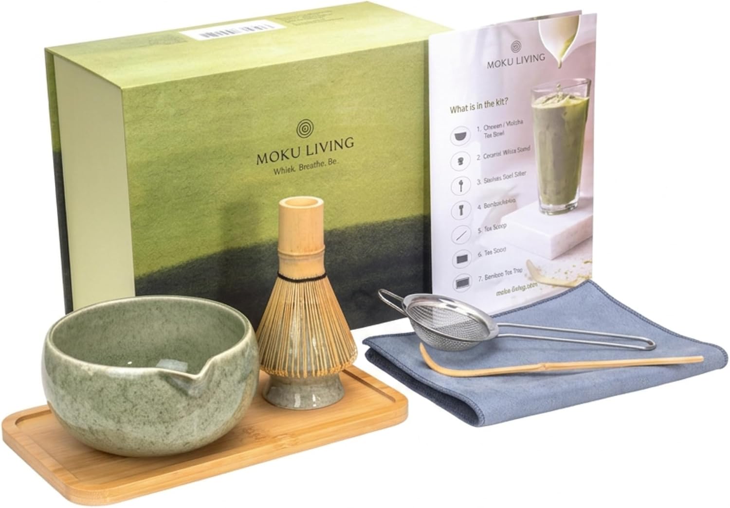 7-Piece Matcha Whisk Set - Complete Matcha Starter Kit with Hand-Glazed Ceramic Bowl, Bamboo Whisk & Holder, Scoop, Sifter, Bamboo Tray & Tea Towel | Gift Set for Matcha & Tea Lovers