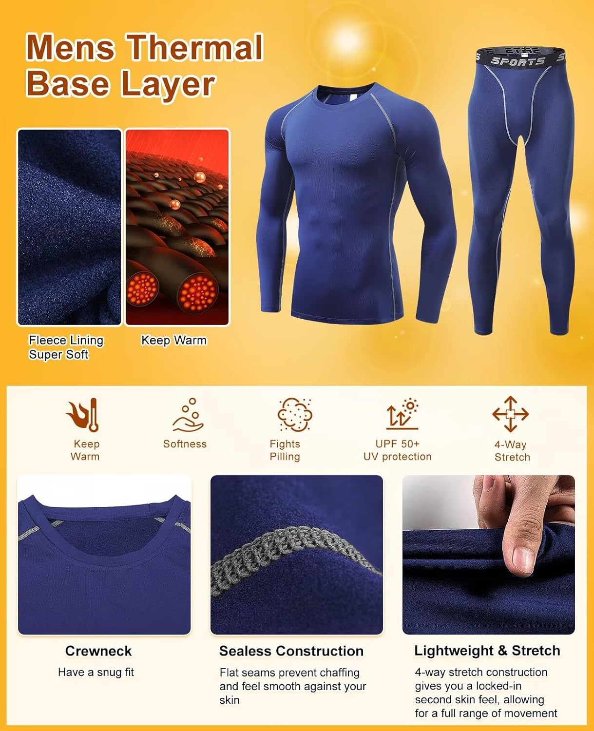 Tesuwe Mens Thermal Underwear Set Skiing Compression Pants and Shirt Long Sleeve Base Layer,Quick Dry,Wicking