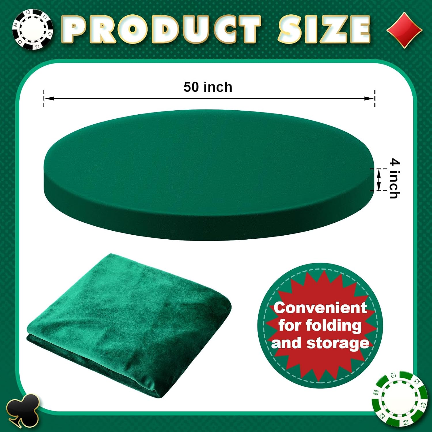 SmoothNovelty 49" Green Velvet Poker Table Cover for Mahjong, Card Games, Noise Reducing, Slip Prevention, Smooth Fabric Round Table Tablecloth for Board and Dice Games