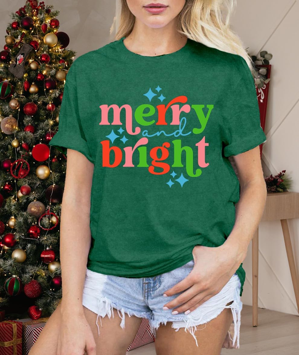 LBP Merry Christmas Shirt for Women Merry and Bright Christmas T-Shirt Xmas Holiday Tee Tops - Image 4