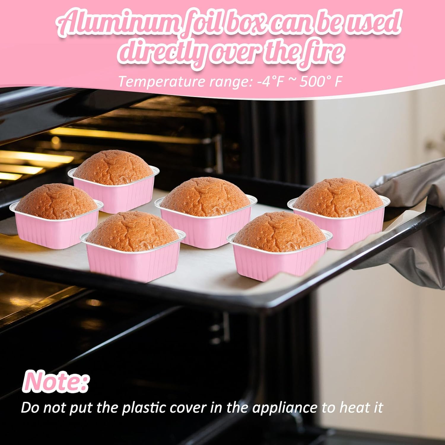 Skylety 100 Pcs 5 oz Mini Square Baking Pan with Lid Aluminum Foil Cupcake Pan Brownie Baking Cup Disposable Ramekins Individual Tin Dessert Containers for Kitchen, Food Grade Material (Pink)