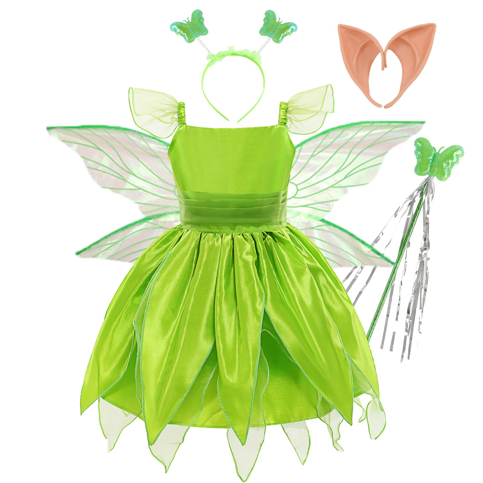Tinkerbell Costume for Girls Halloween Birthday Party Fairy Dress with Pixie Ears and Wings