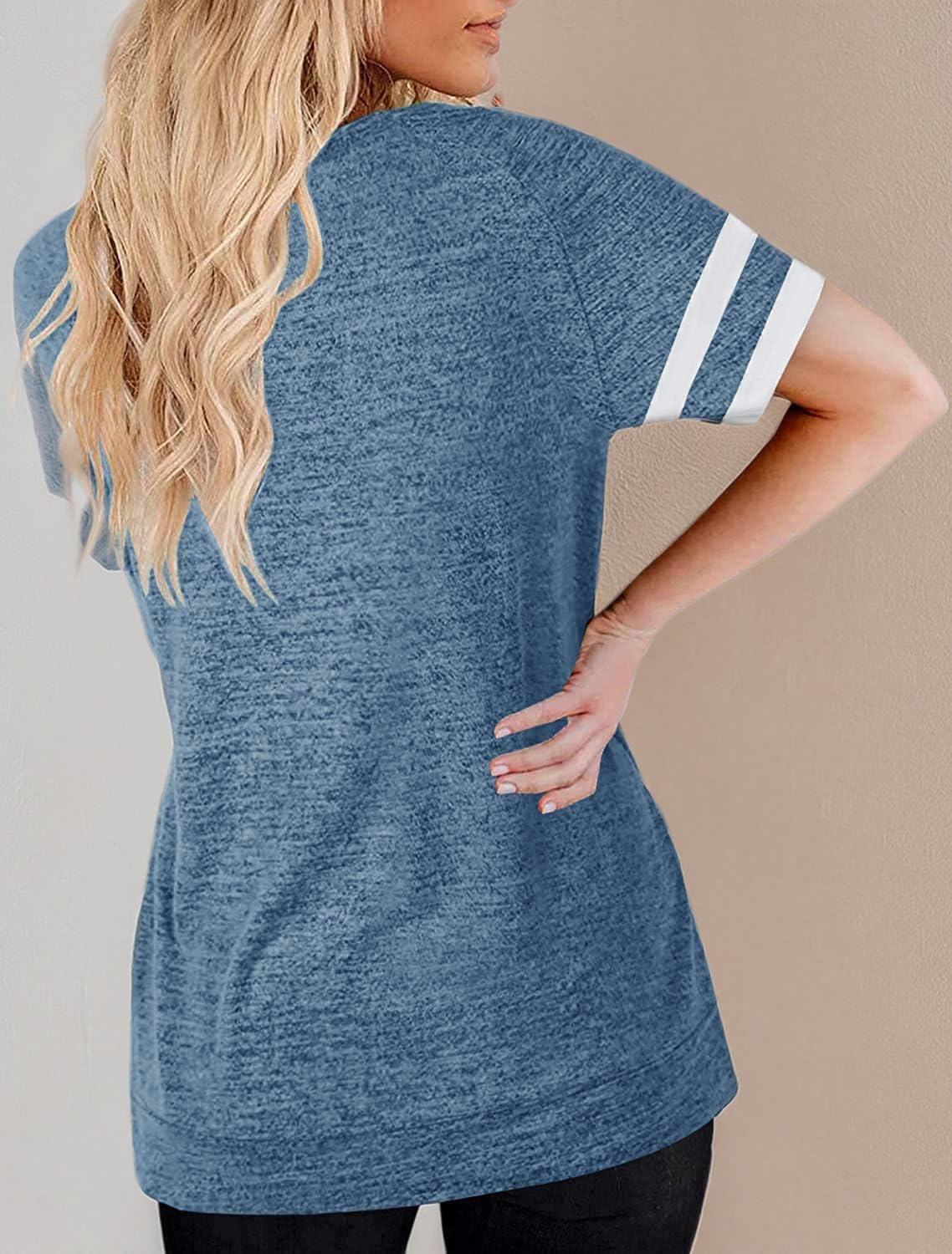 MaQiYa Womens V Neck Basic Tops Color Block Tunic T Shirts Summer Short Sleeve Casual Cotton Tees Shirts - Image 4