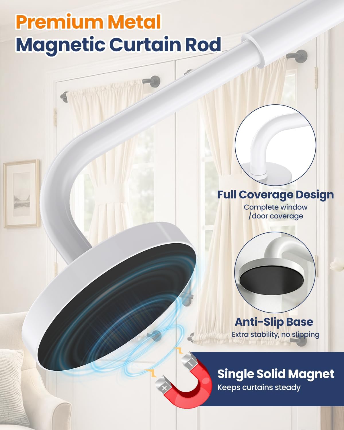 4 Pack Magnetic Curtain Rods for Metal Doors, Adjustable 17-30in, White