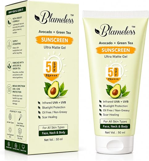 Blameless Avocado + Green Tea Sunscreen SPF 50 PA++++ | Silicone-Based Ultra Matte Gel | Broad Spectrum UVA UVB, Blue Ligh...
