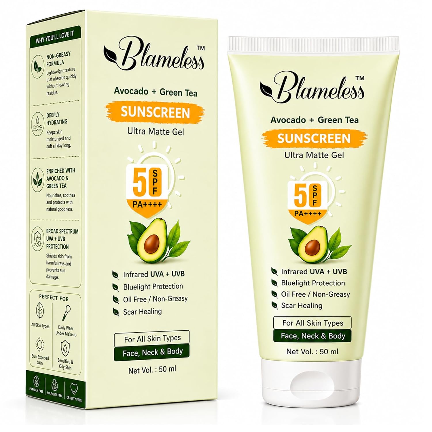 Blameless Avocado + Green Tea Sunscreen SPF 50 PA++++ | Silicone-Based Ultra Matte Gel | Broad Spectrum UVA UVB, Blue Ligh...