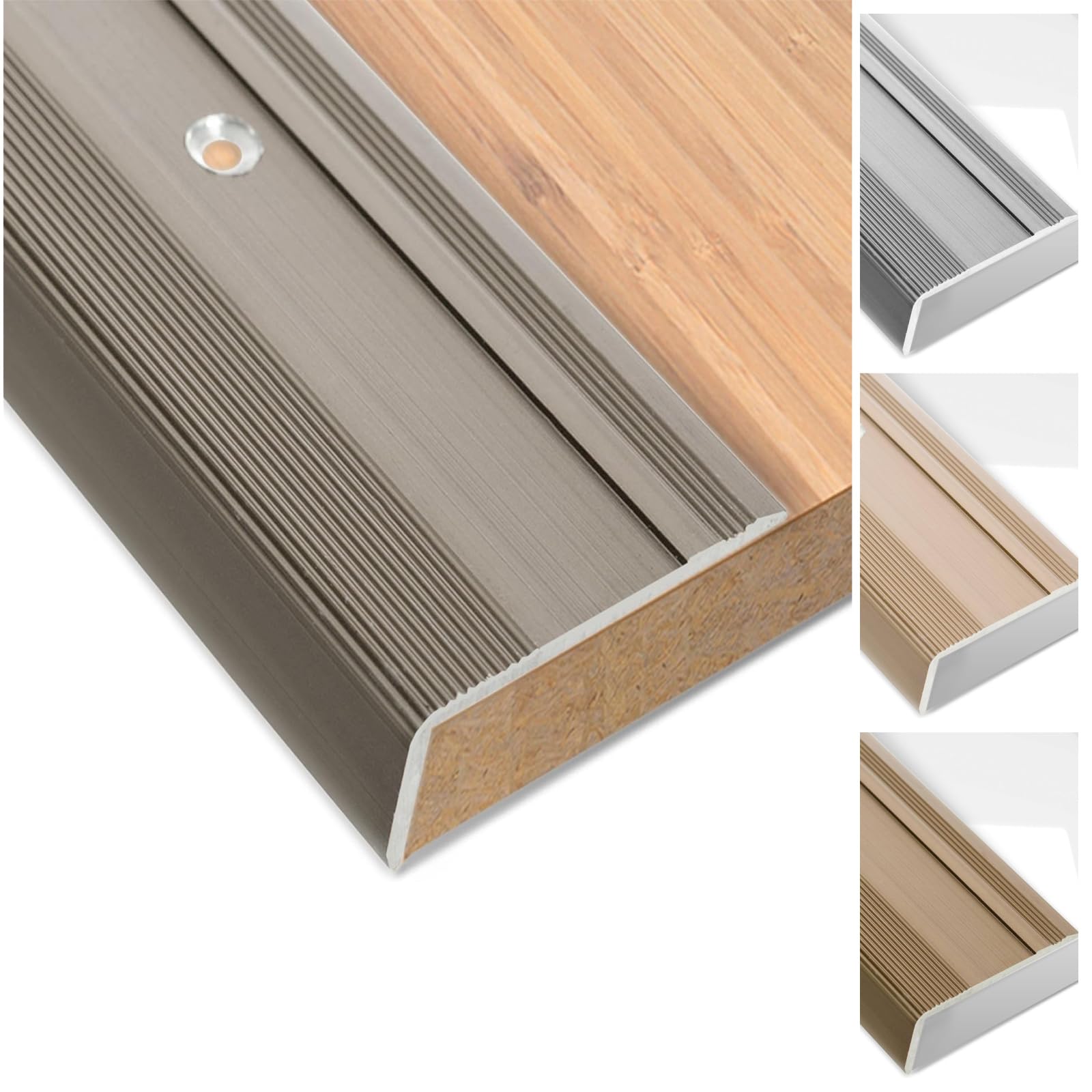 Floordirekt Perfil de borde de escalera de aluminio 134 cm de largo, 1 pieza, incluye tornillos y tacos, perfil de borde de escalón preperforado en forma de L, perfil de ángulo de 37 mm de ancho x 17