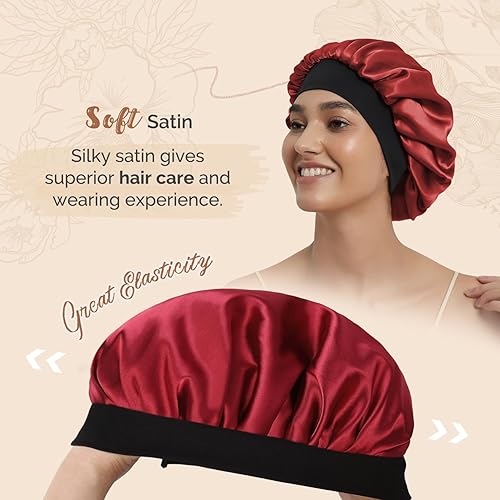 Vista 14 de Hat Hut Gorro de satén de seda para dormir para mujer, gorro de pelo para cabello rizado, banda ancha ajustable, doble capa Azul ceniza