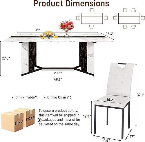 Miniatura 7 de Juego de mesa de comedor de 7 piezas para 4, 6 personas, mesa de cocina grande de madera larga de 71 pulgadas con 6 sillas acolchadas con mesa