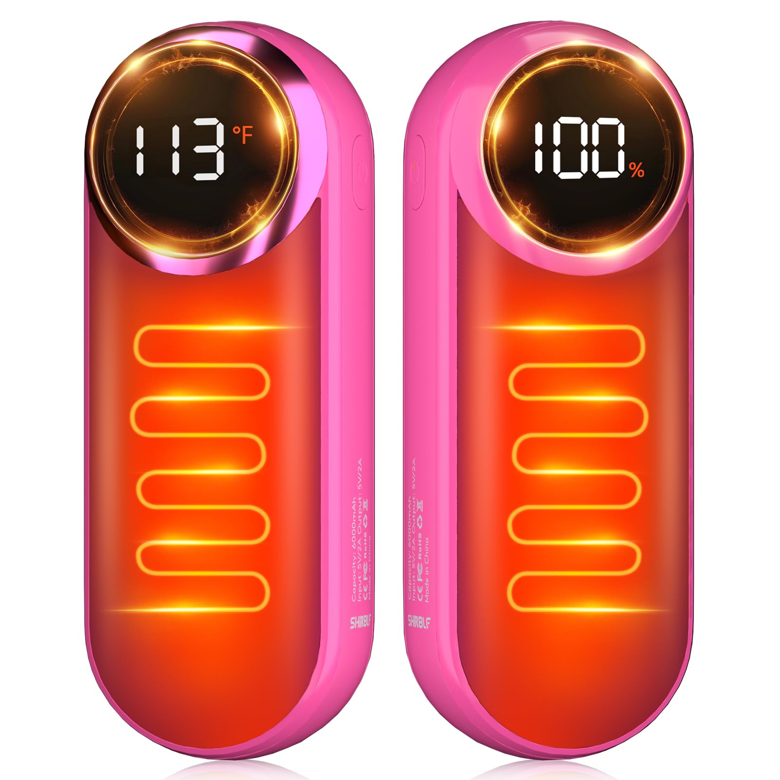 Shirble Calentadores de manos eléctricos recargables, paquete de 2, calentador y calentadores de manos recargables de 12000 mAh, 30 horas, calentador de manos portátil con luz/LED, calentador de manos