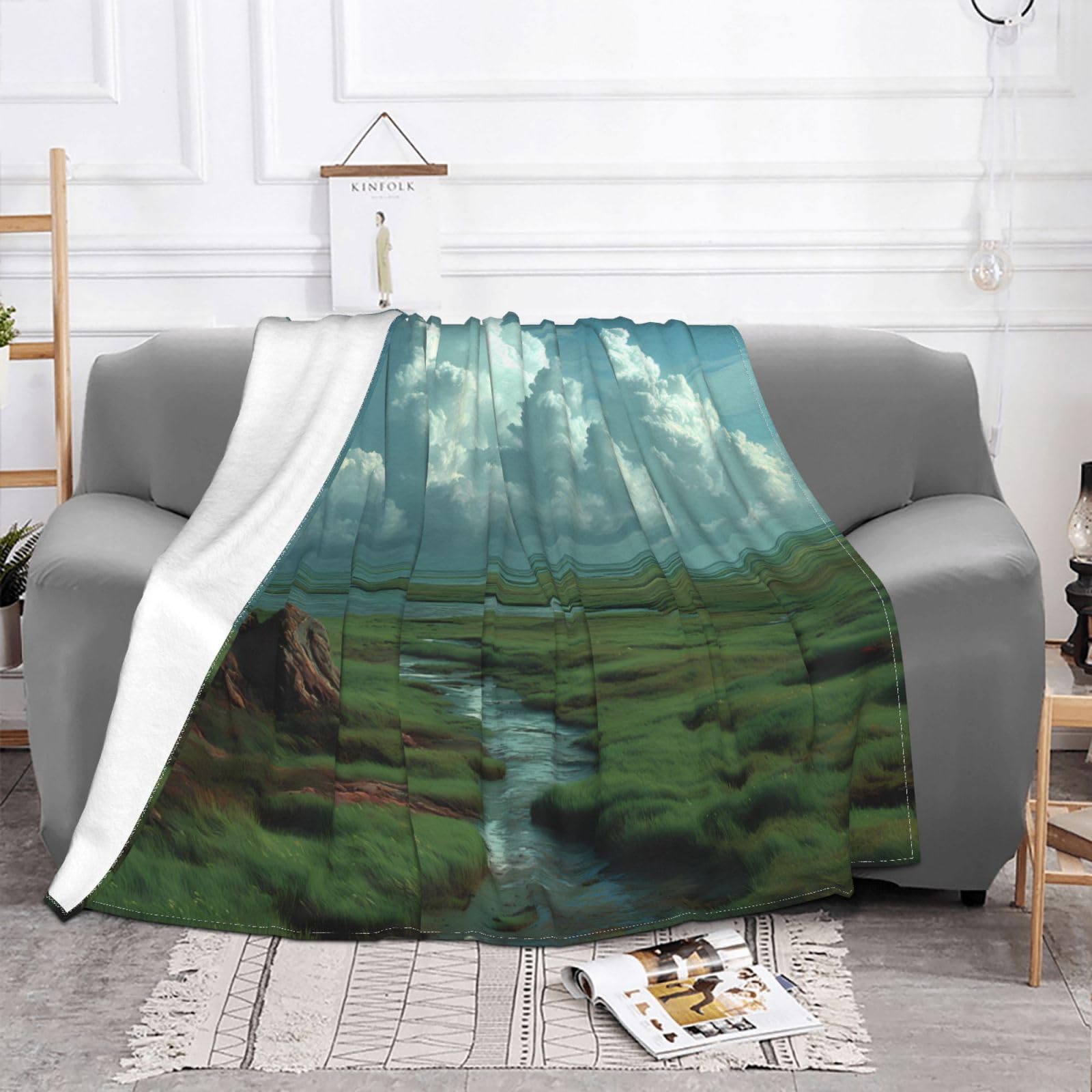 Manta de viaje portátil de 80 x 60 pulgadas, suave, resistente a las arrugas, plegable, exquisito estampado de pradera neblinosa