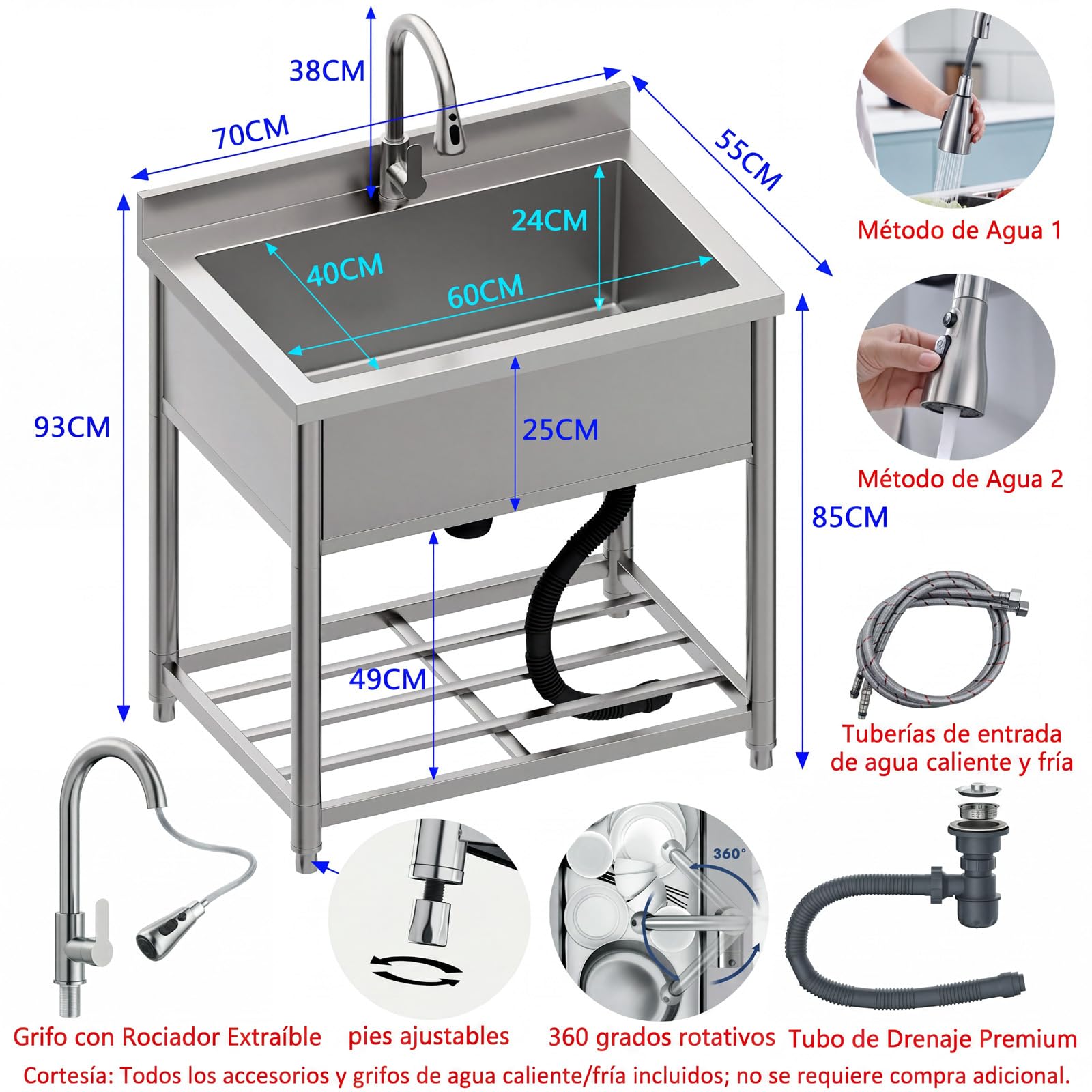 70cm Gran Fregadero de Acero Inoxidable Independiente con Grifo | Fregadero de Cocina Comercial, Fregadero de Inox para Exterior, Cocina, Lavadero, 57 x 90 x 94 cm