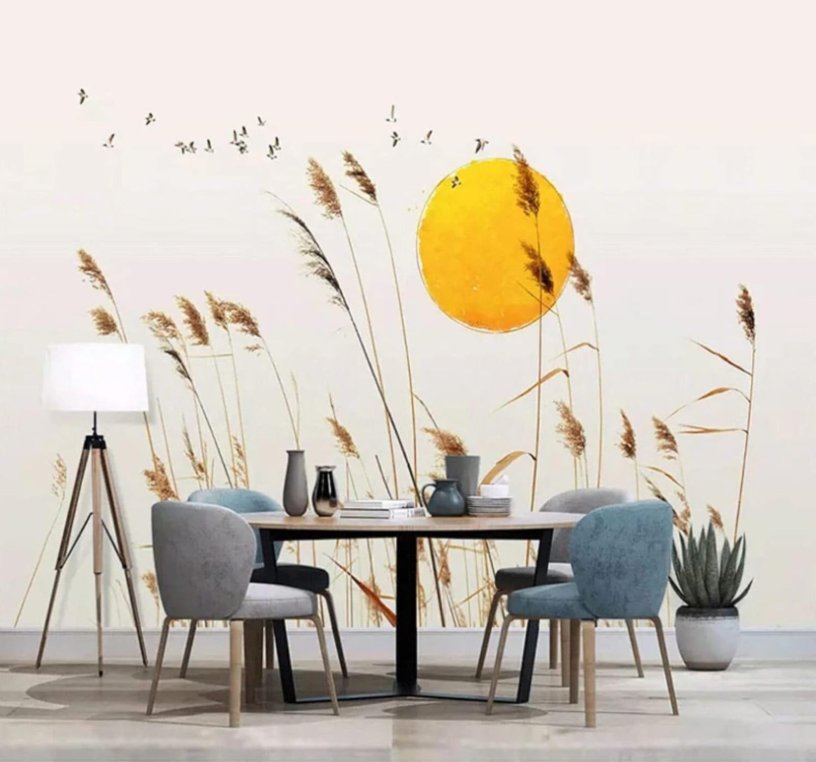 XLMING Minimalist Hand Drawn Reeds Birds in Flight Sun 3D Wallpaper Luxury Home Dining Decor Paste Sofa Living Room The Wall for Bedroom Mural-350cm×256cm