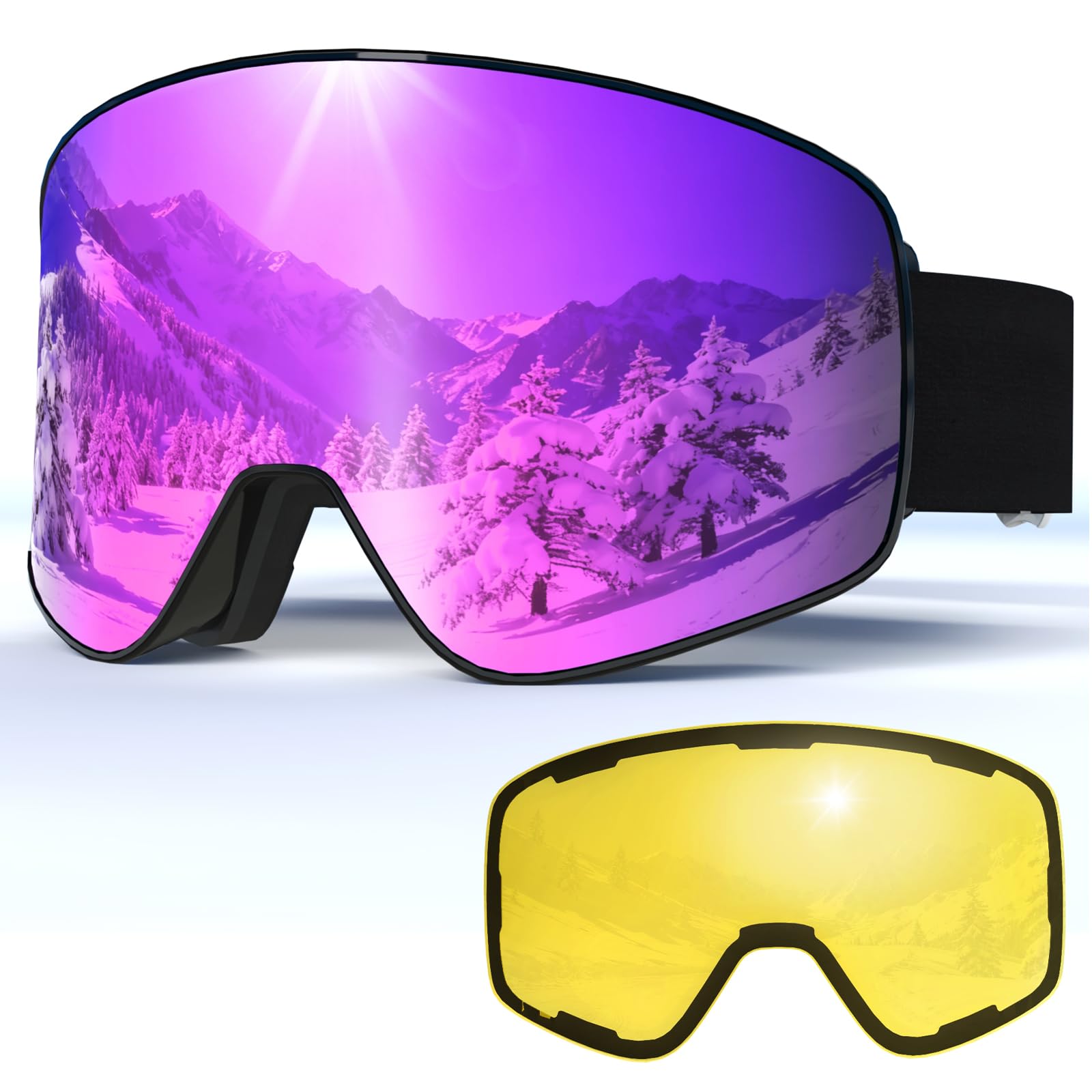 Gogle narciarskie, bezramowe gogle snowboardowe z 2 soczewkami narciarskimi z magnesem UV400, YH212 przeciwmgielne gogle śnieżne dla dorosłych mężczyzn kobiet (czarna rama, pełna Revo Purple (VLT 16%