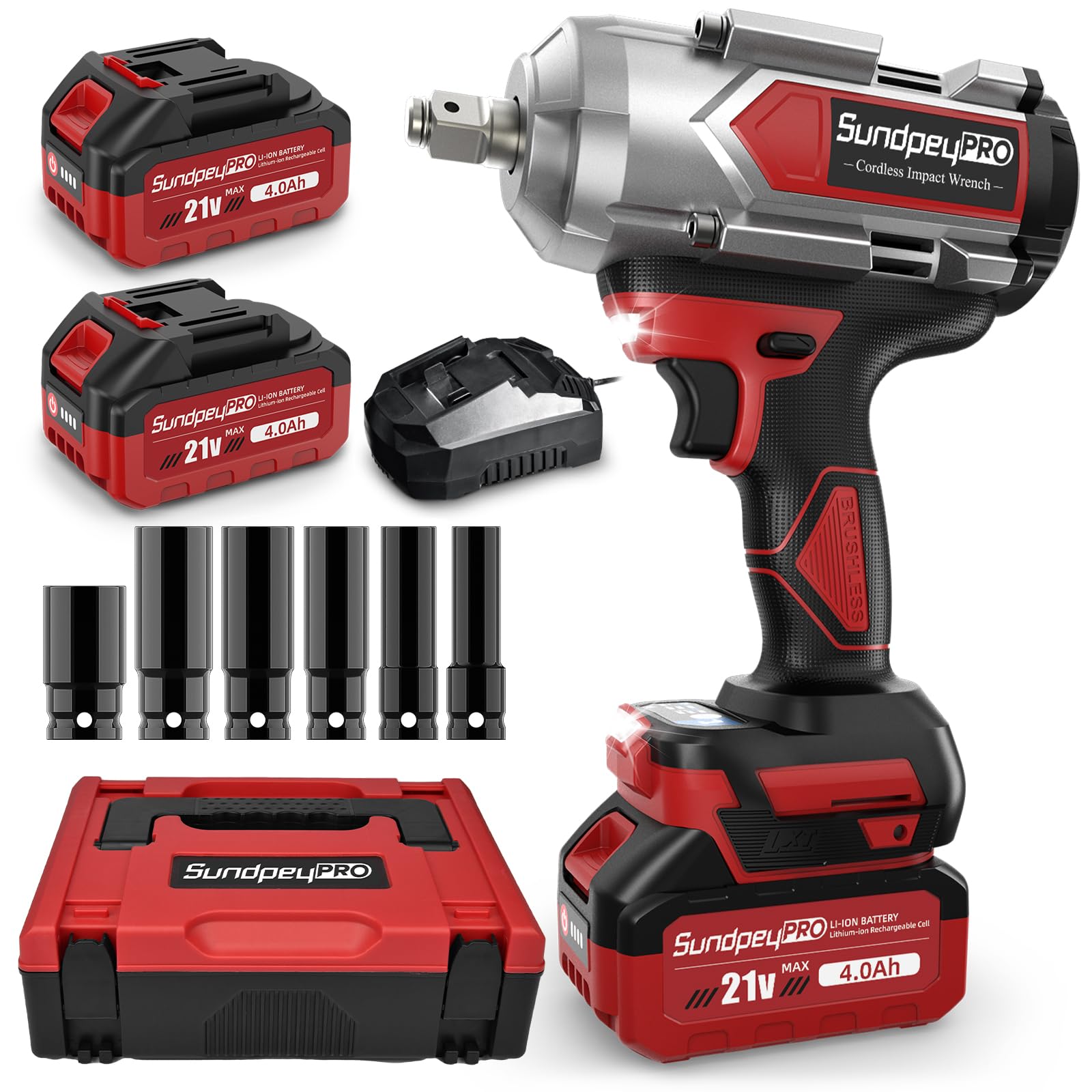 SundpeyPRO Cordless Impact Wrench 960Ft-lbs - 1300N·m High Torque Impact Wrench - 21V 2600RPM Brushless Power Impact Gun with 2 × 4.0Ah Battery 6