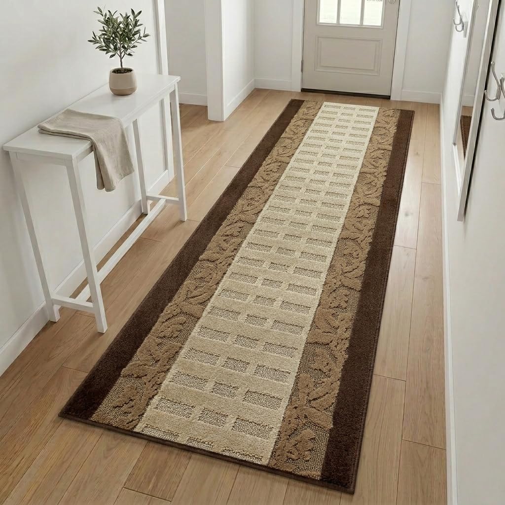 Hallway Runner Rug 5 ft, Custom Length Woven Texture Look, Washable Non-Slip Rubber Backed, Durable Indoor Rug for Entryway Kitchen, Brown (2'2" x 5')