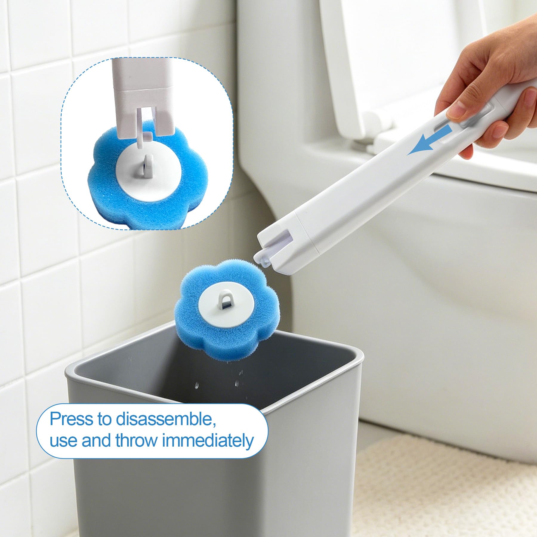 TZEKING Set Scopino WC Usa e Getta 54 Pezzi – 2 Spazzole con Manico Lungo, 2 Supporti a Parete con Staffa Adesiva, 48 Ricariche Detergenti in Spugna per Pulizia Bagno, Lavandino e Vasca