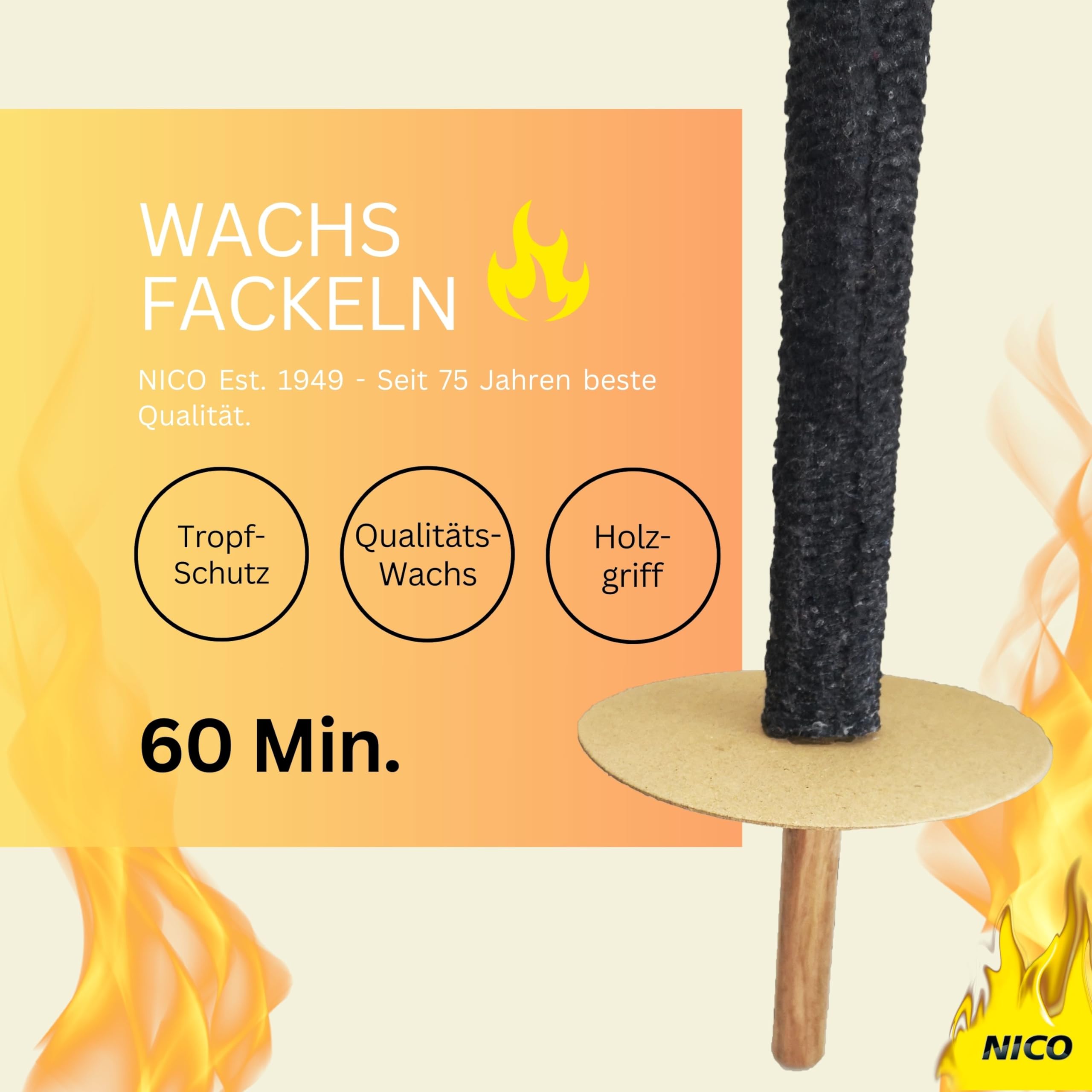 10 Stück Wachsfackeln, Brenndauer 60 Min. I hochwertige Fackeln aus Wachs mit Handschutz I Garten-Fackel für Outdoor Party, Event, Nacht-Wanderung