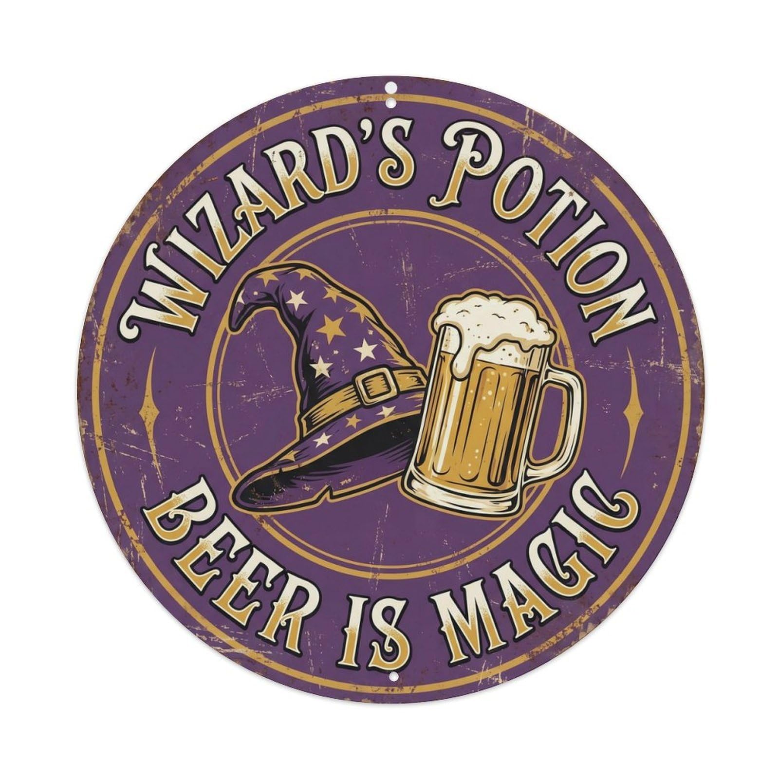 Retro Bar Style Wizard Magic Patio Beer Metal Tin Sign Plaque Wall Decor for Cafe, Club, Garden Round Metal Poster 8x8Inch
