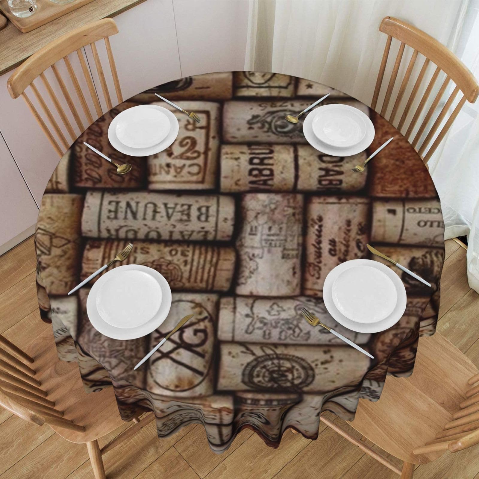 DCEHGEW 60 In Round Tablecloth with Lace, Wine cork Printed Oilproof & Washable Fabric Picnic Table Cloth Table Covers