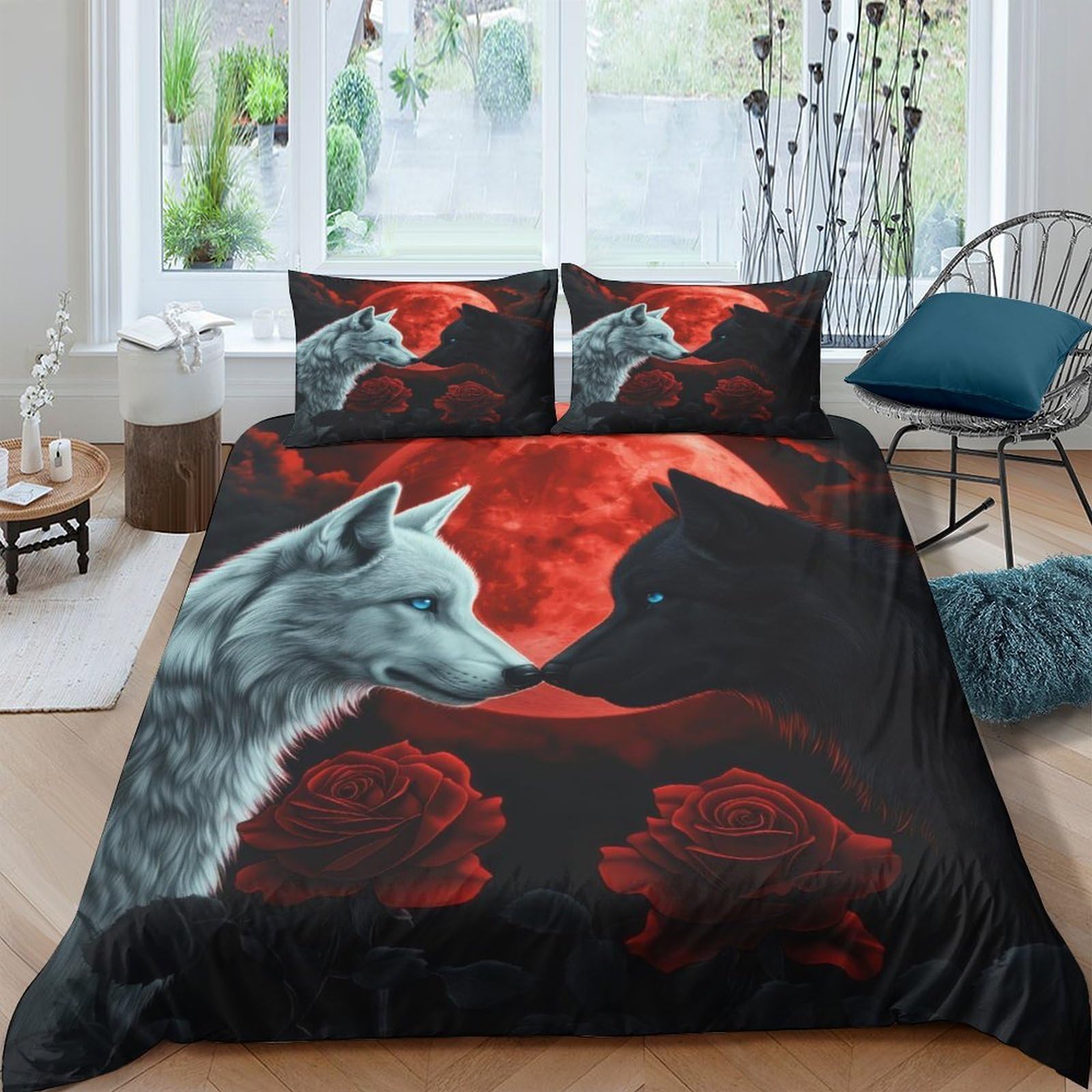 P5V6M1Q9 3D Printed Wolf Moon Duvet Cover Microfiber Soft Breathable Red Rose Bedding Set with 2 Pillowcases for Bedroom Decor Single（135x200cm）