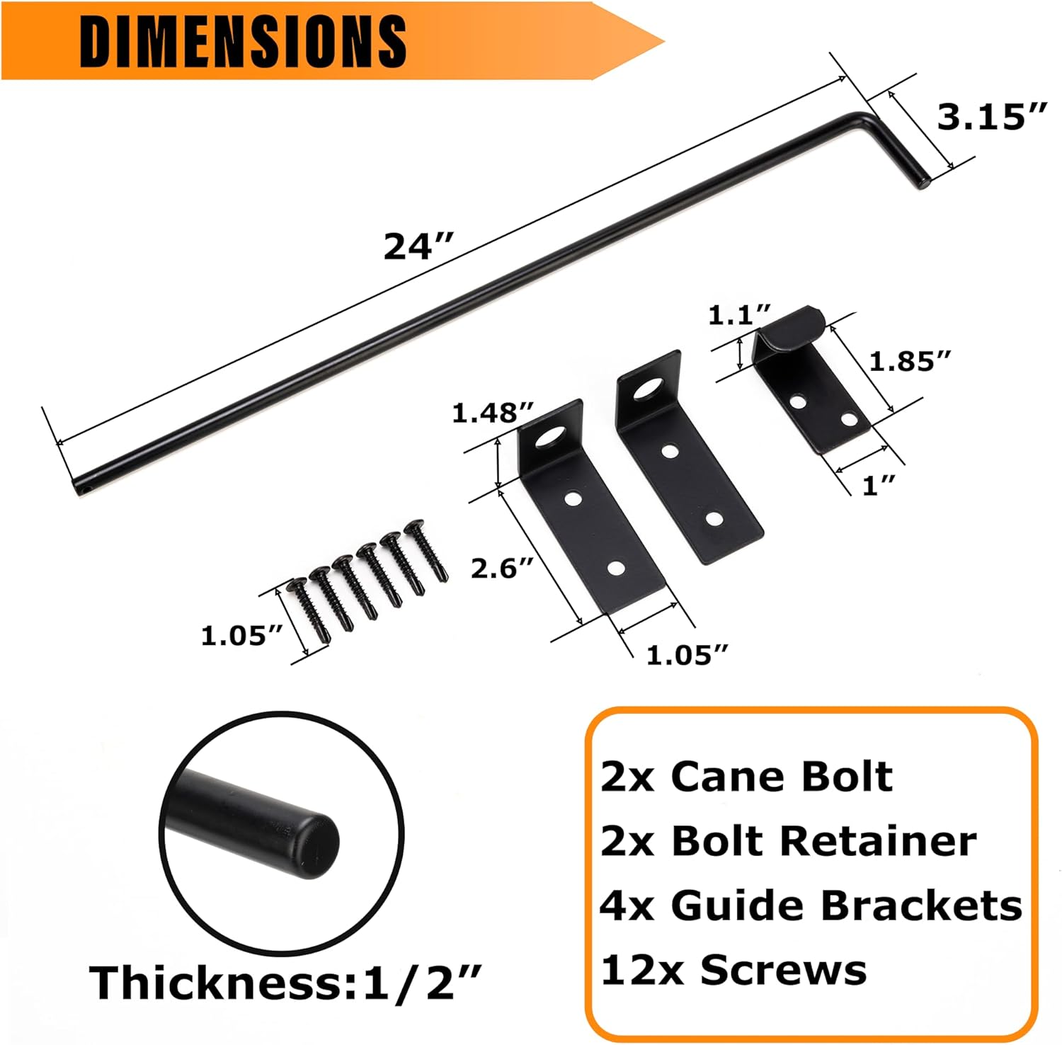 24" Heavy Duty Cane Bolt Gate Drop Rod with Black Finish-Steel Gate Ground Latch Designed for Wood Metal Vinyl Gates or Double Doors Fence Applications-2 Pack