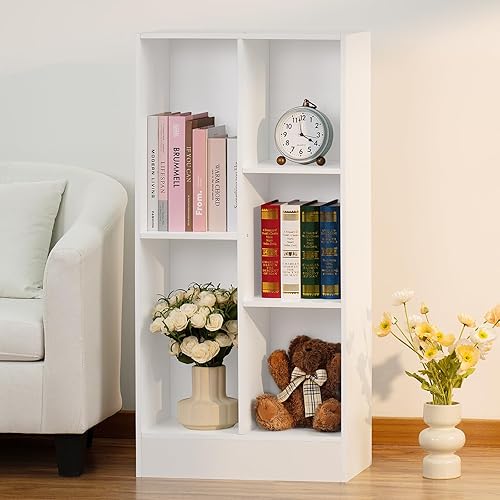YAHARBO Estantería blanca de 5 cubos, pequeña y moderna estantería horizontal, estantería baja de madera con base, estante corto para libros,