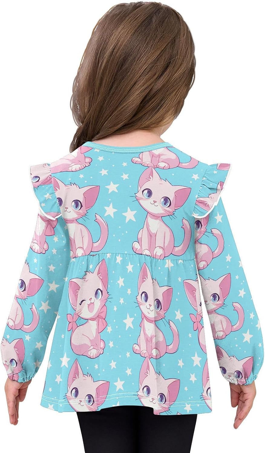 visesunny Toddler Clothes for Girls Pink Bow Cat Star Long Sleeve Fall Shirts Cotton Top with Ruffle Collar