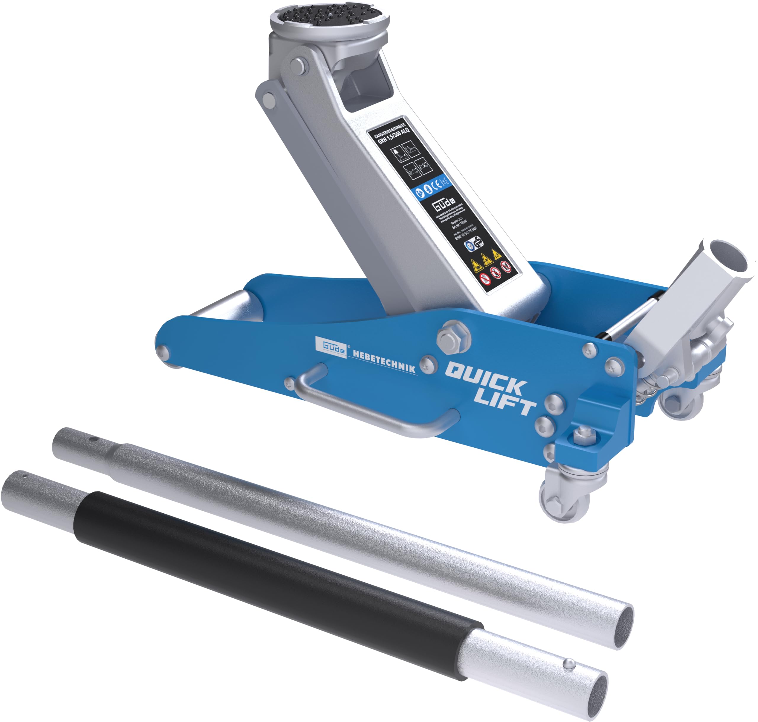 Güde GRH 1,5/360 ALQ Rangierwagenheber - 1,5 Tonnen Hubkraft, 9,7 Zentimeter Lastteller-Durchmesser, min. 9 bis max. 35,8 Zentimeter Hubhöhe, Quick-Lift-Funktion, Stahl- und Aluminium Konstruktion
