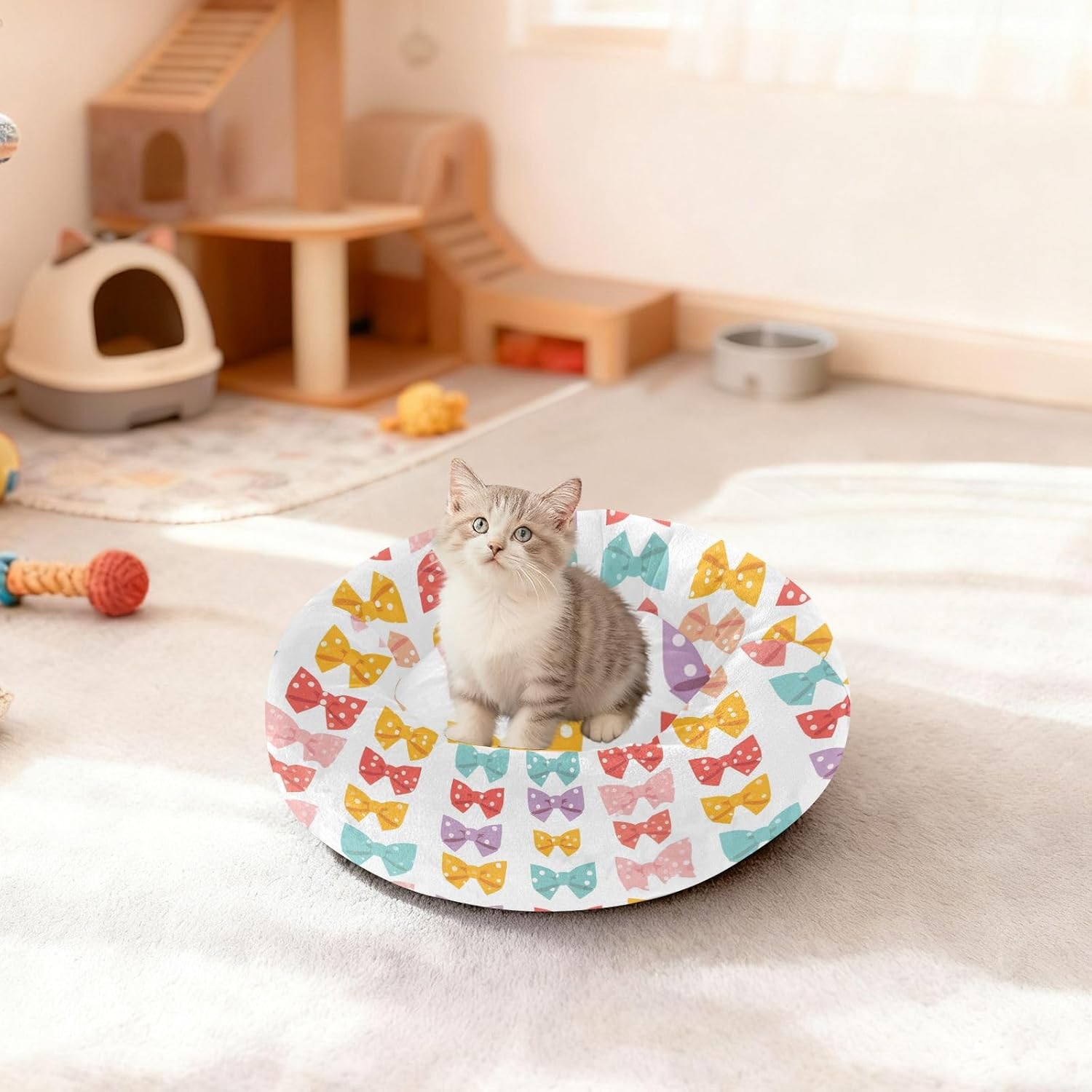 Pet Dog Beds Anti-Slip Fluffy Dog Pillow Bed for Small Size Pets Supplies M Cartoon Dots Bow Candy White