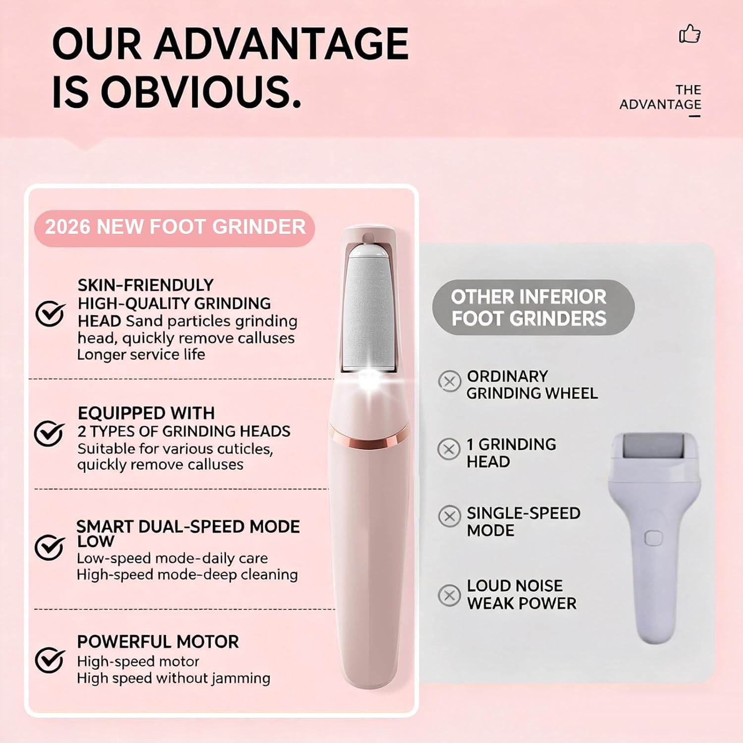 Upgraded Electric Callus Remover for Feet, Rechargeable Portable Foot File with 2-Speeds & 2 Grinding Heads, Waterproof Electric Pedicure Tool for Dry Dead Skin Callus Removal, Foot & Hand Care