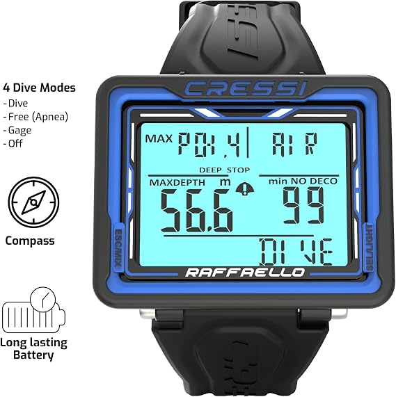 CRESSI Raffaello Diving Computer with Large Rectangular High Contrast Screen for Maximum Data Readability, One Size Unisex