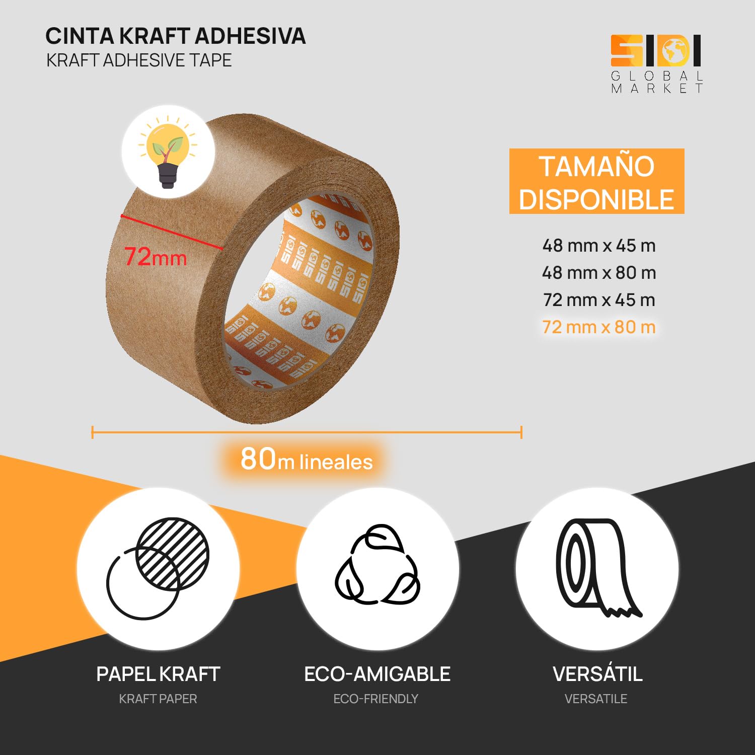 Cinta Embalar, Cinta Adhesiva Kraft, Cinta de Embalaje para Cajas Mudanza y de Envío, Cinta de Embalar de Papel Kraft 72 mm x 80 m Rollo Cinta Papel Kraft - SIDI (12 uds)