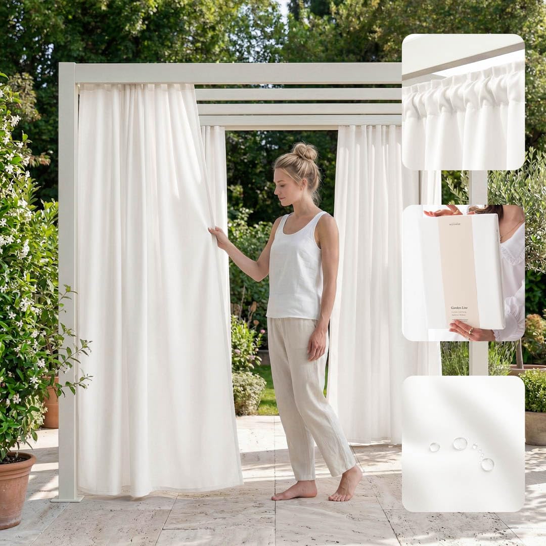 ROOM99 Garden Line Outdoor Curtain with Ruffle Tape, 155 x 200 cm Width x Height Outdoor Curtain, Weatherproof, Waterproof Privacy Screen, Sun Protection Curtains, Garden, Windproof, Ecru, 1 Piece