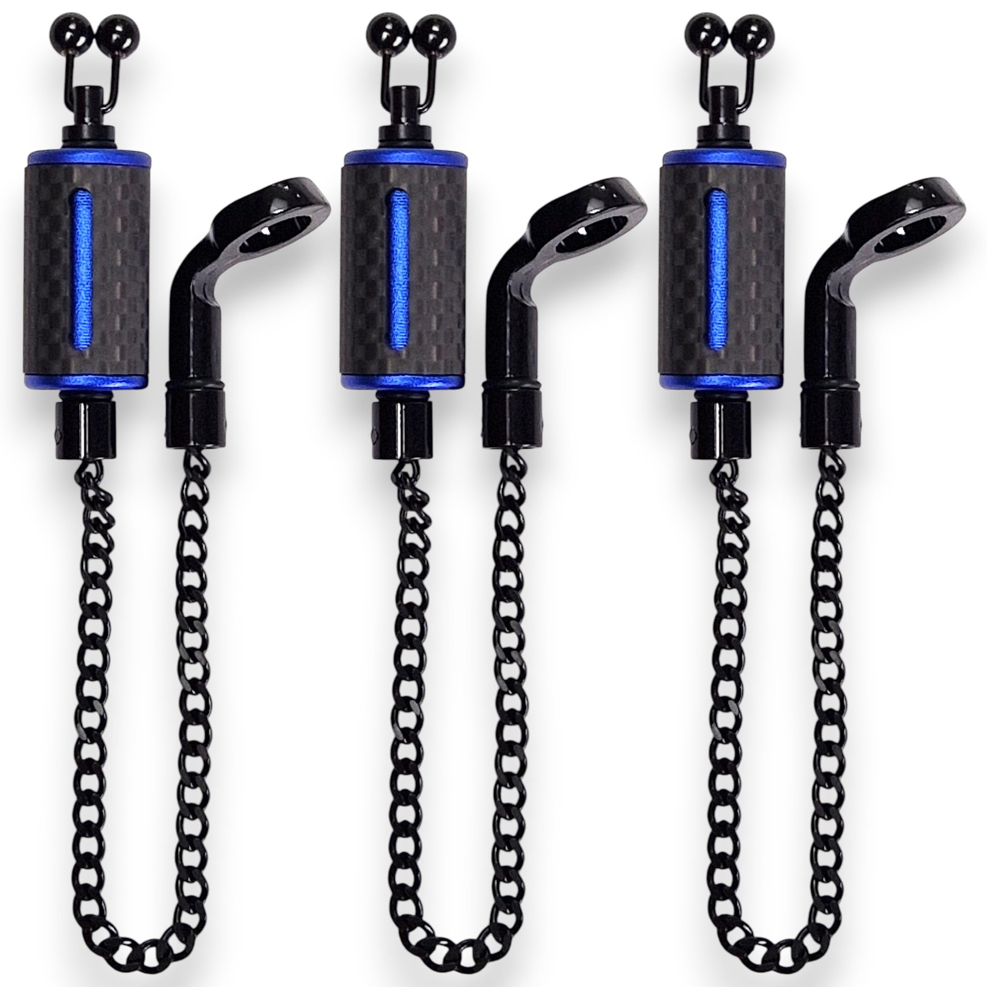 TJR Tackle 3 Blue Ultimate Carbon Fibre Bite Indicators bobbins with 14cm Chain, Black stainless steel ball line clips (Blue)