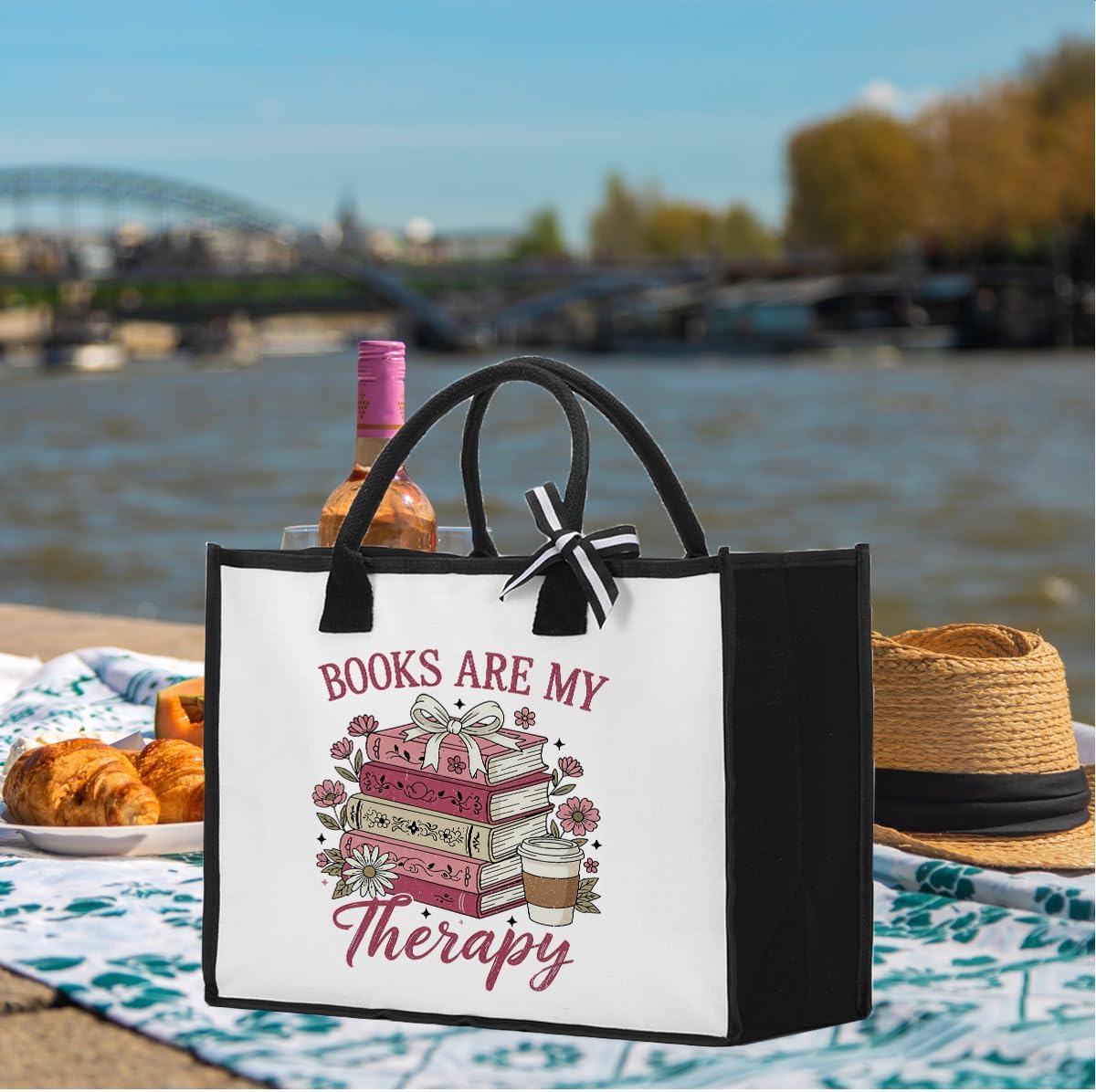 Bookish Gifts for Book Lovers Pink Daisy Book Tote Bag Christmas Woman's Birthday Gift for Women Librarian Readers -Books Are My Therapy - Image 3