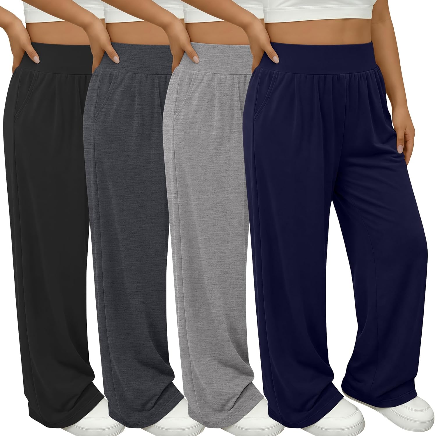 Locoowai 4 Pack Women's Plus Size Yoga Pants Wide Leg High Waist Sweatpants Lightweight Baggy Joggers with Pockets Summer