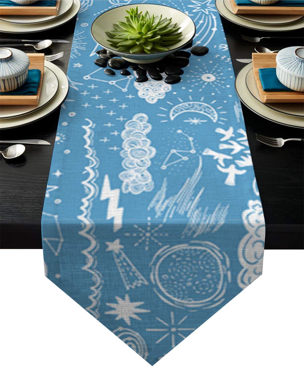 Cotton Linen Table Runner, Stars Moon Clouds Scrawl On Blue Burlap Table Runners for Party Wedding Dining Farmhouse Outdoor Picnics Table Top Decor, 13X90 Inch