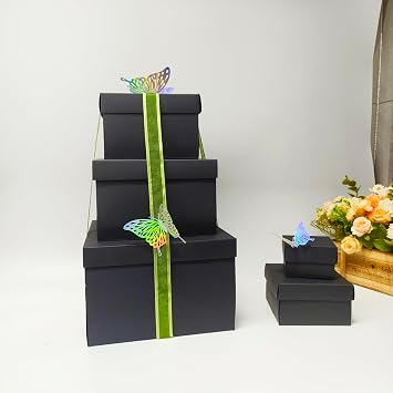 Surprise Box 5-layer set, suitable for holding snacks, photos, cash, with double-sided tape, ribbons, and laser butterflies. It is ideal for use as a birthday gift,or Valentine's Day surprise gift. Dimensions: 9x9x6.3 inches.(Black)