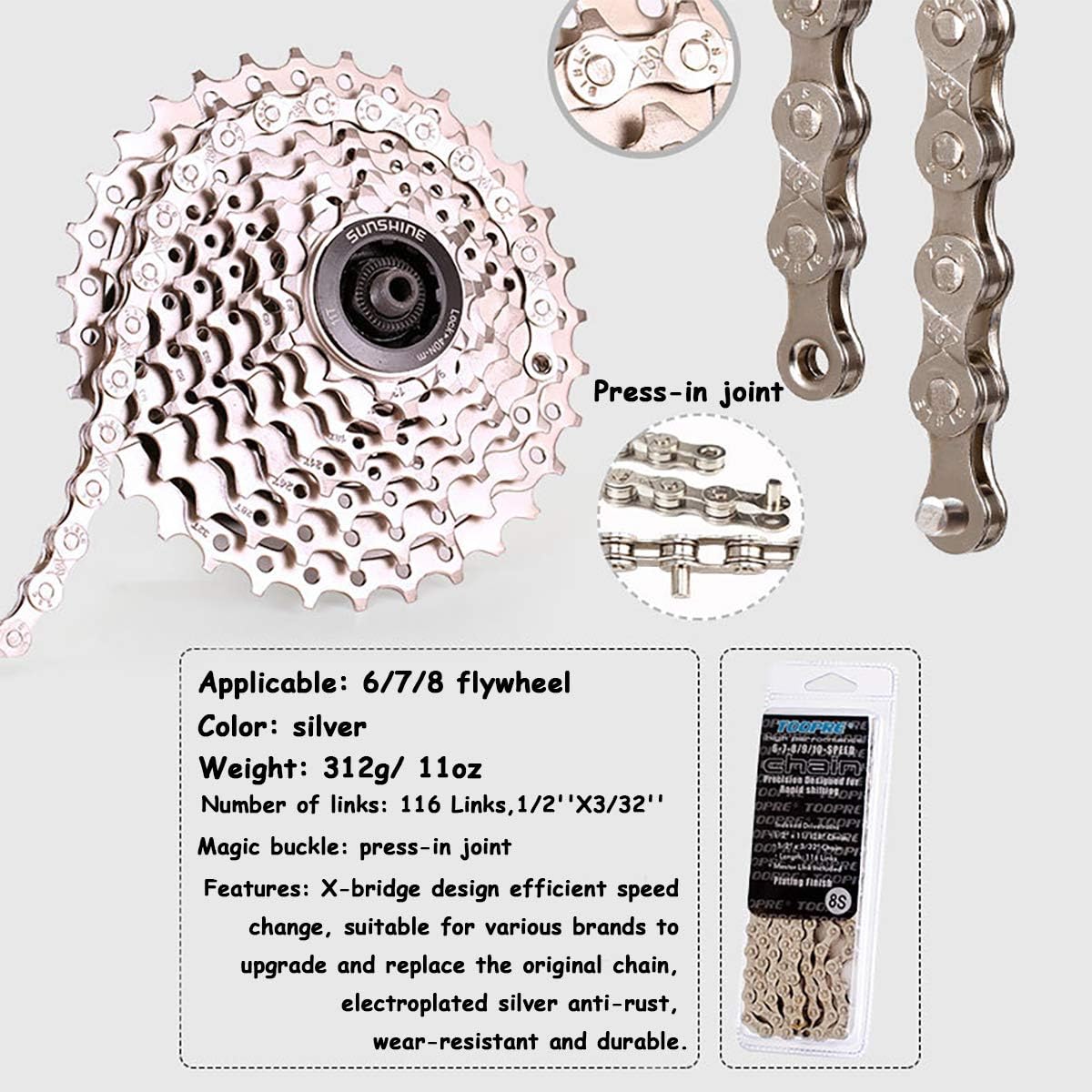Farbetter 6/7/8 Speed Bike Chain 1/2 x 3/32 Inch 116 Links, Electroplating Silver, Rust Prevention