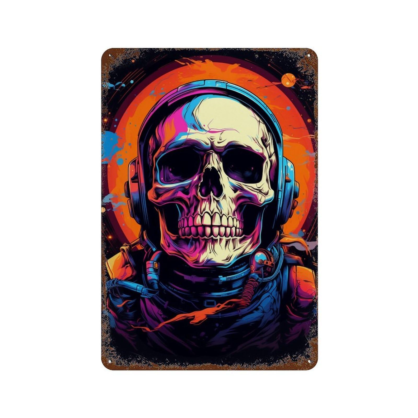 Vintage Rust Metal Sign Space Skull Art Print 11.8"x7.9", Vintage Wall Decor for Office, Studio And Wall Decor