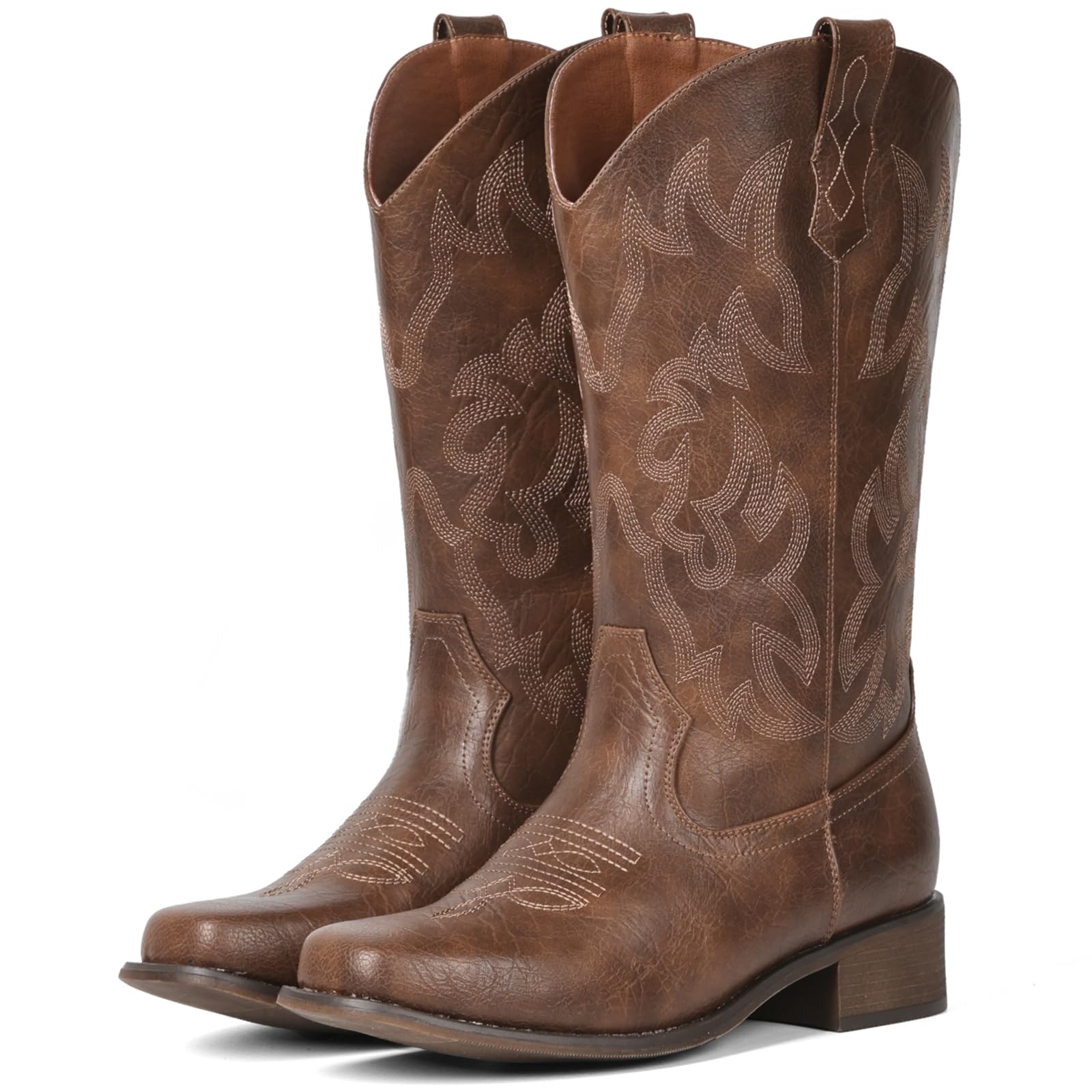 IUV Cowboy Boots For Women Square Toe Cowgirl Boots Mid Calf Western Boots Pull On Fashion Cowboy Boots 5.5 Brown