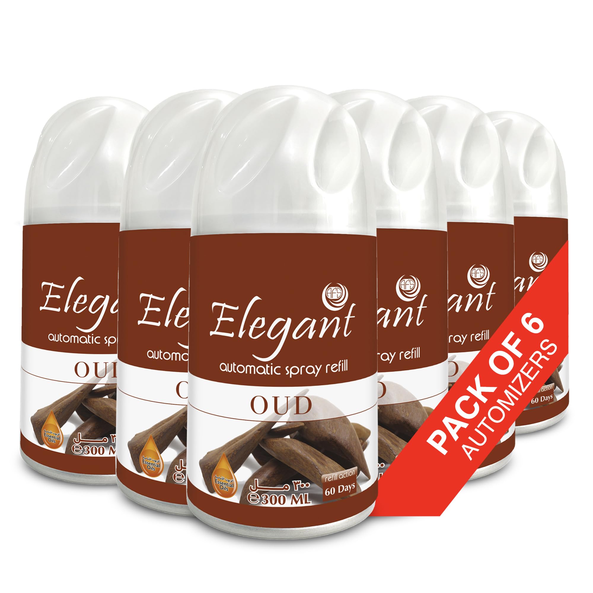 Elegant Automatic Spray REFILL – Oud – 300ML – Pack of 6, 6-Pack (300ML x 6 Pcs) – Air Freshener REFILL for Home And Bathroom, Made With ESSENTIAL OILS (Pack of 6)