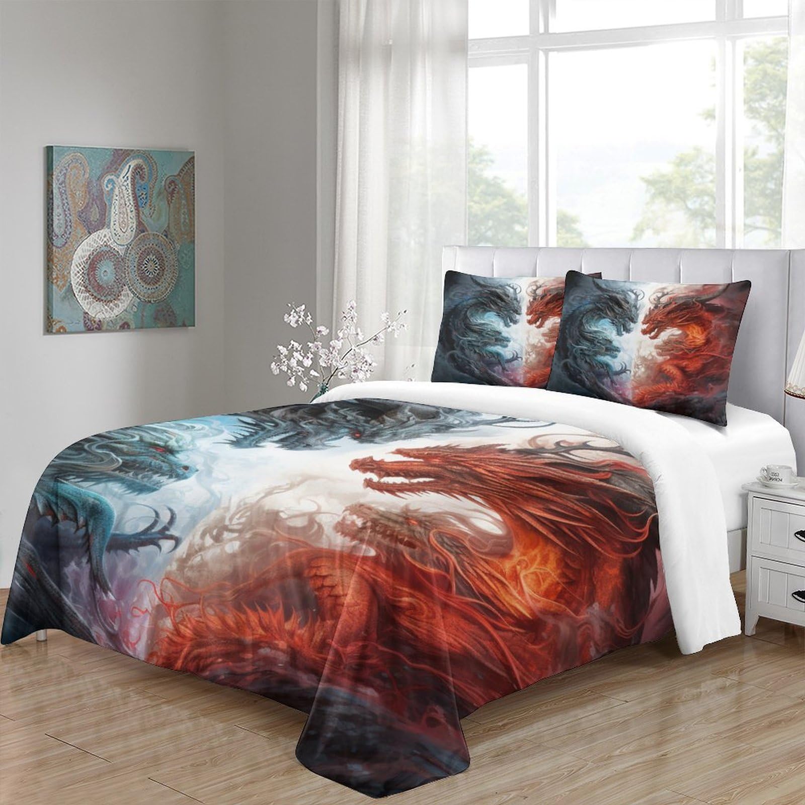Stampato in 3D Loong cinese Copertina Stampata Microfibra Disegnata Biancheria Da Letto Con Chiusura A Cerniera Con 2 Federe,King（220x240cm）, Per Ragazzi Adulti