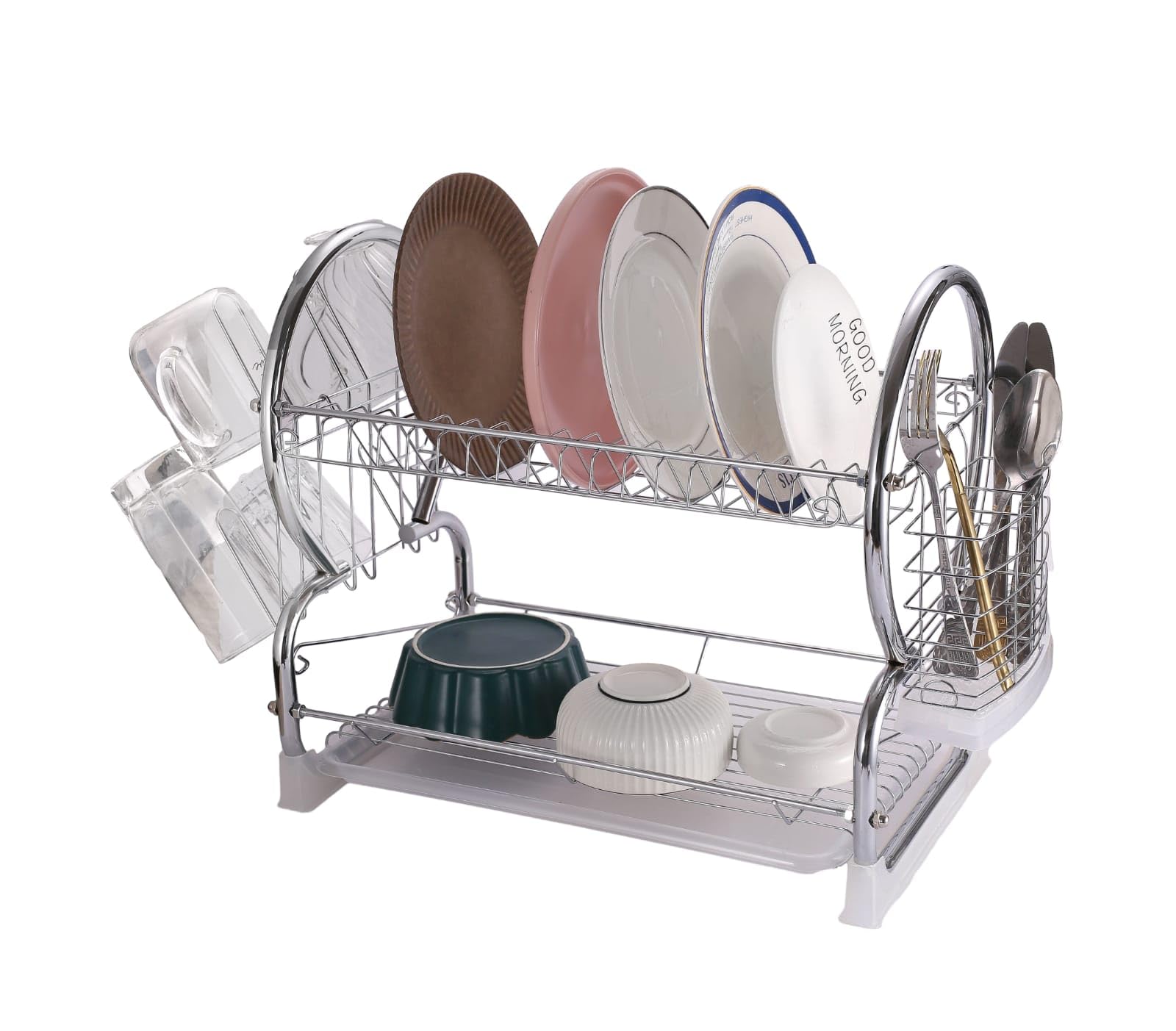 Royal Cuisine White, Silver 2 Tier Dish Drainer Rack With Drip Tray Stainless Steel Dish Drainer With Draining Board And Utensils Holder Dish Drying Rack For Small Kitchen Countertop (White, Silver)