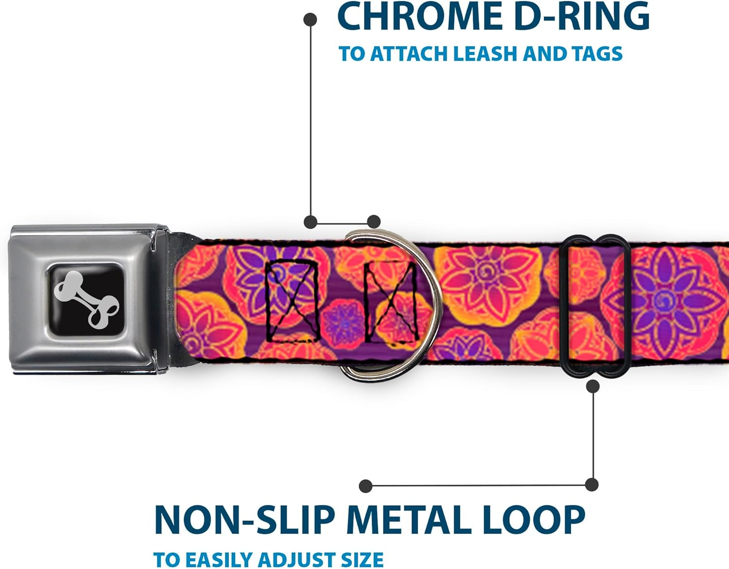 Dog Collar Seatbelt Buckle Boho Mandala Purples Oranges Pinks 13 to 18 Inches 1.5 Inch Wide