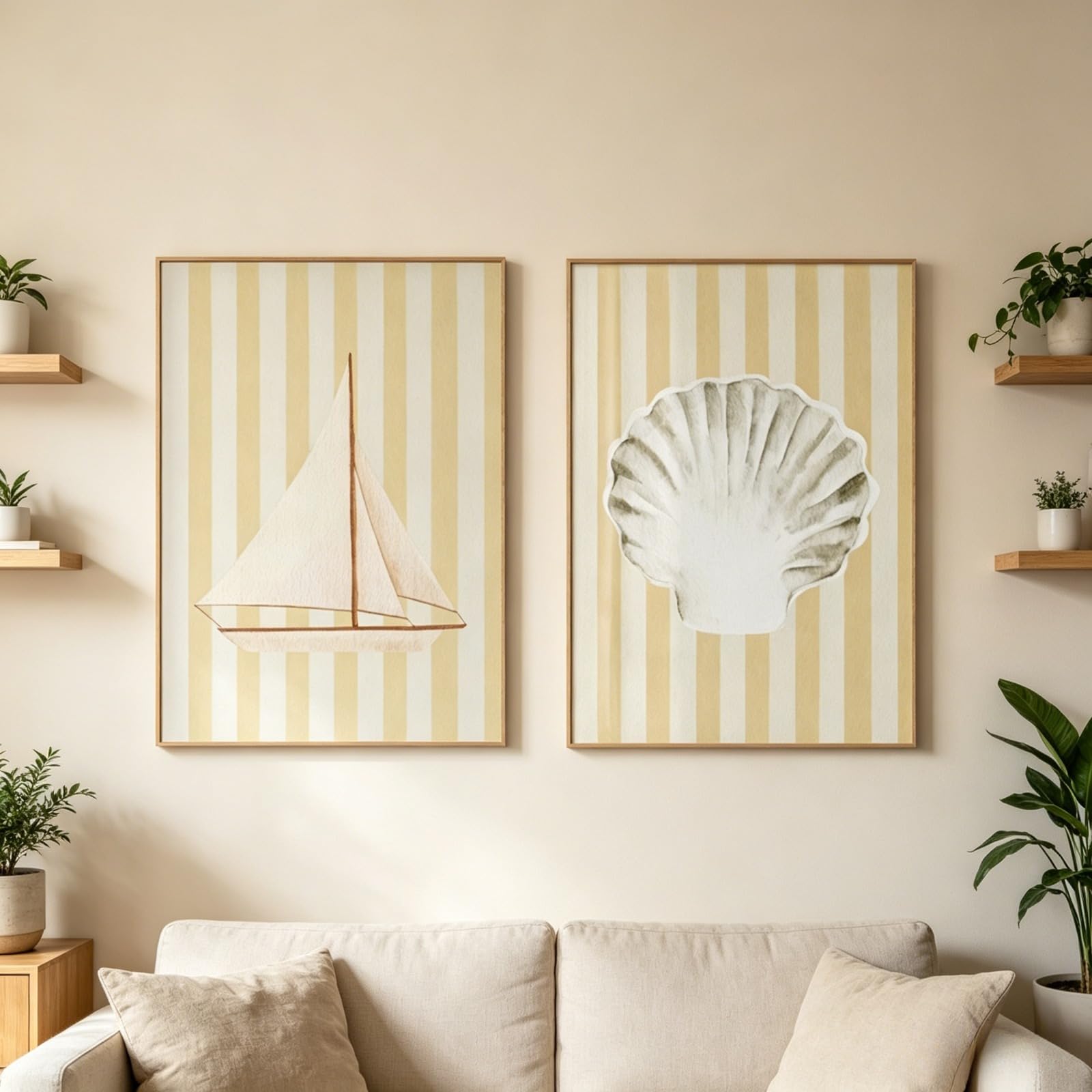 JORCEDI Set of 2 Posters,Vintage Cartoon Sardines Wall Art Prints,Green, Red Striped Seafood Abstract Art Painting,Nautical，for Living room, Kitchen and Dining Room,Unframed (40x50cm,Yellow)