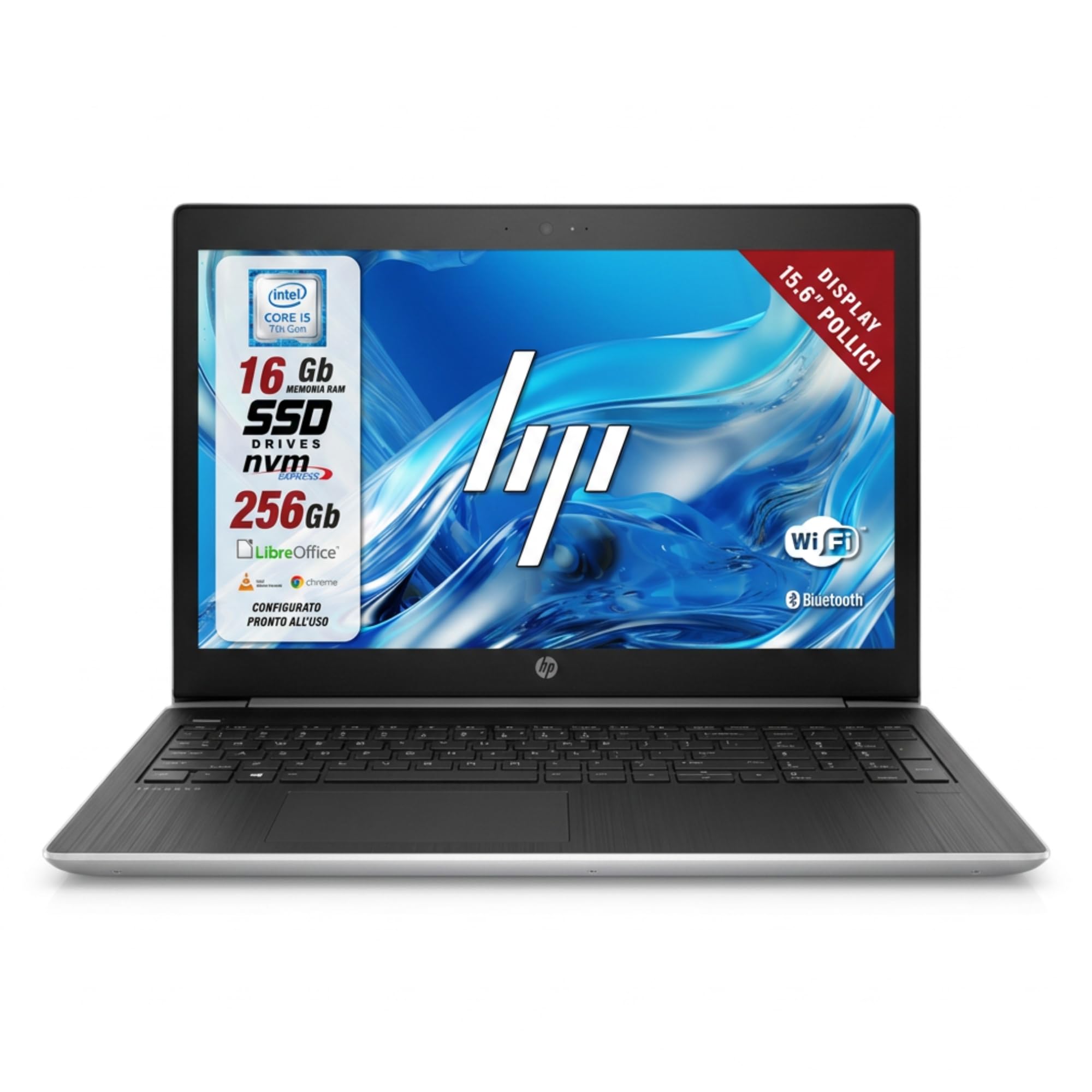 HP Probook, Pc Portatile intel i5-7200u 2.5Ghz 2 Core, Display HD da 15.6", Ram 16Gb, SSD 256 Gb, Notebook Pronto all'uso con Libre Office (Ricondizionato)