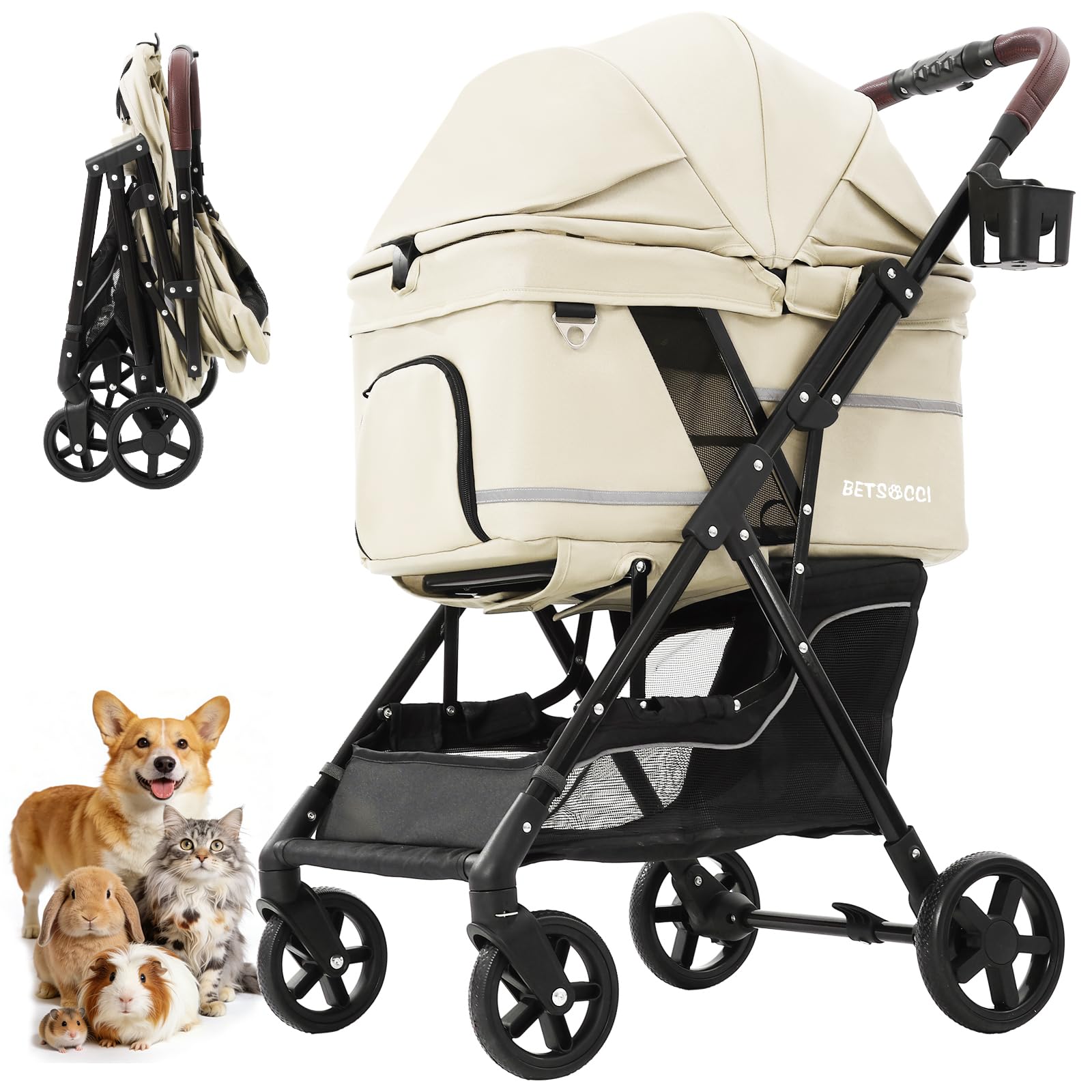 NO-Zip Poussette légère avec bandes de sécurité réfléchissantes, pliage à une main, maille anti-griffes, chariot de voyage respirant, capacité de 15 kg, blanc